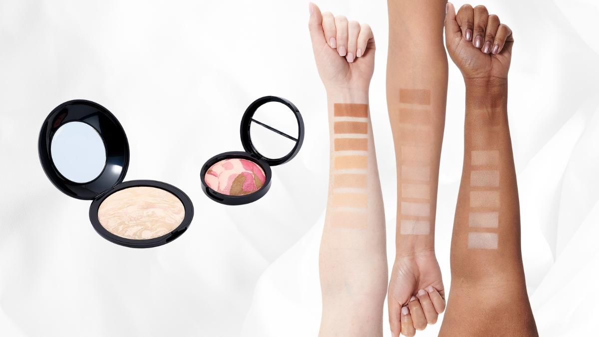 Laura Geller Super-Size Balance N Brighten & Blush Set shown with swatches on different skin tones and open compact powders.