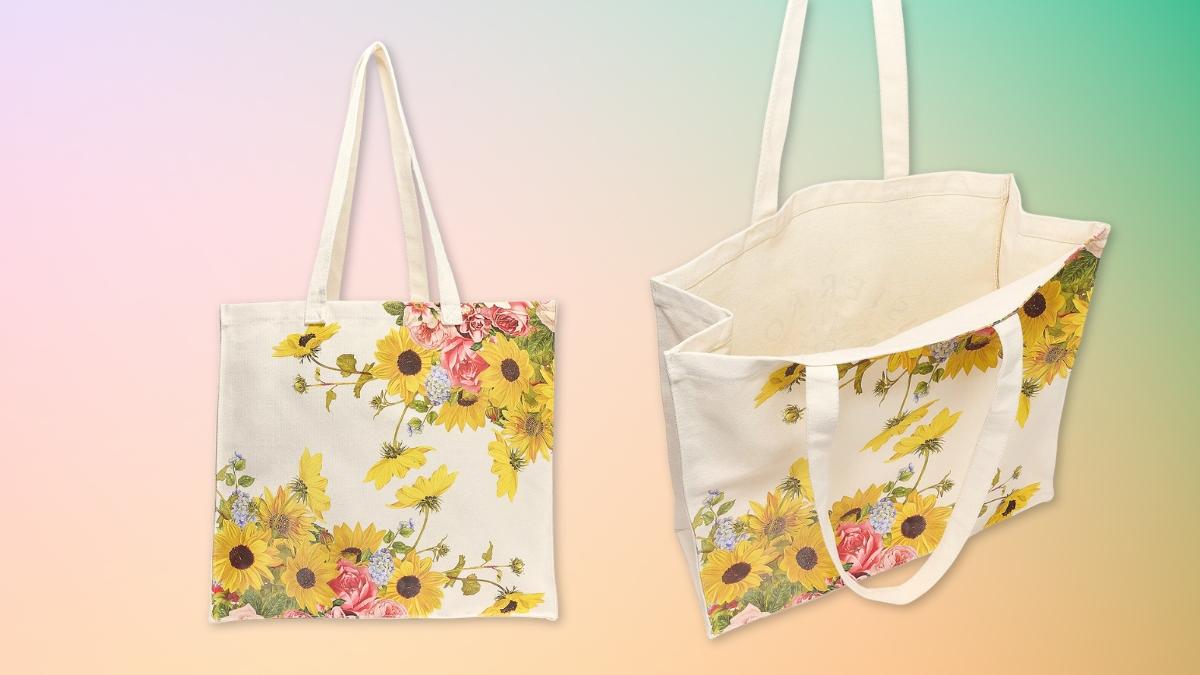 Floral Sister Road by JG Canvas Tote Bag with long straps and open interior on a pastel background.