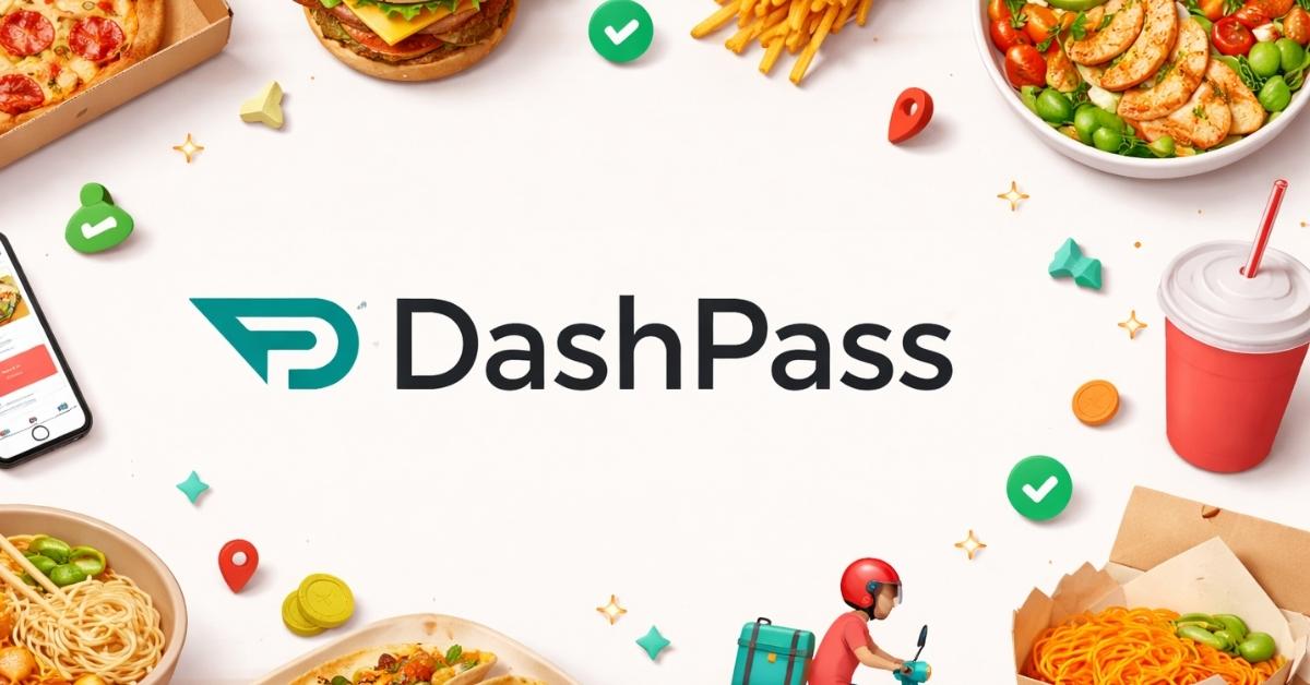 “DashPass food delivery subscription logo with popular meals and delivery icons”